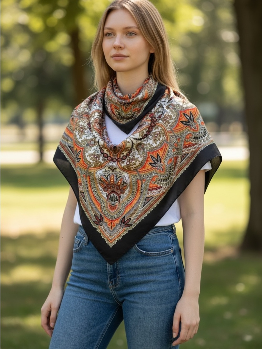 Silk Black/ Orange Paisley Scarf